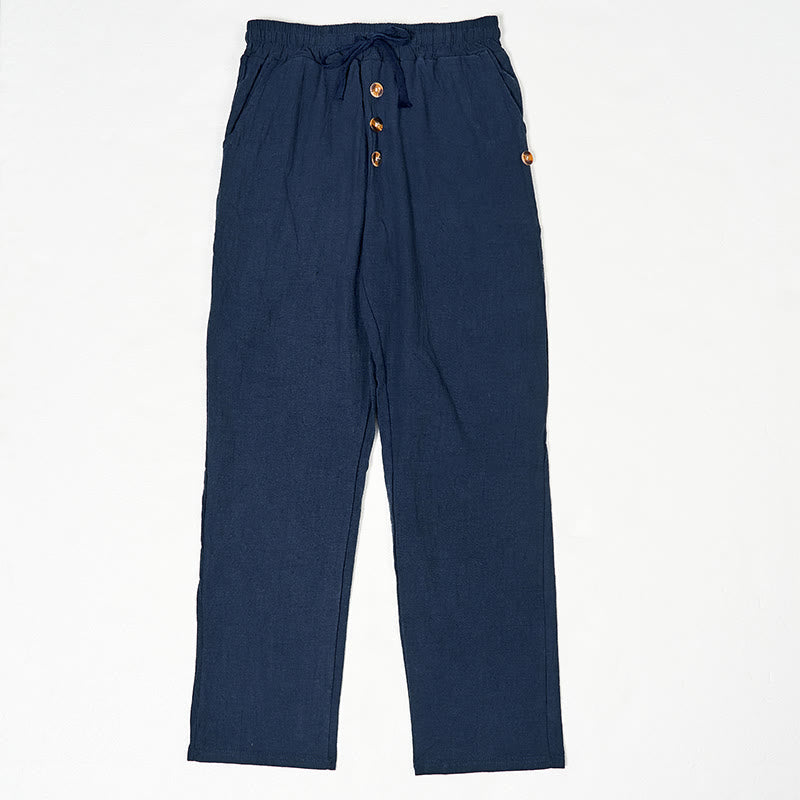 Nimara Ritual Solid Color Buttons Drawstring Men's Cotton Pants With Pockets