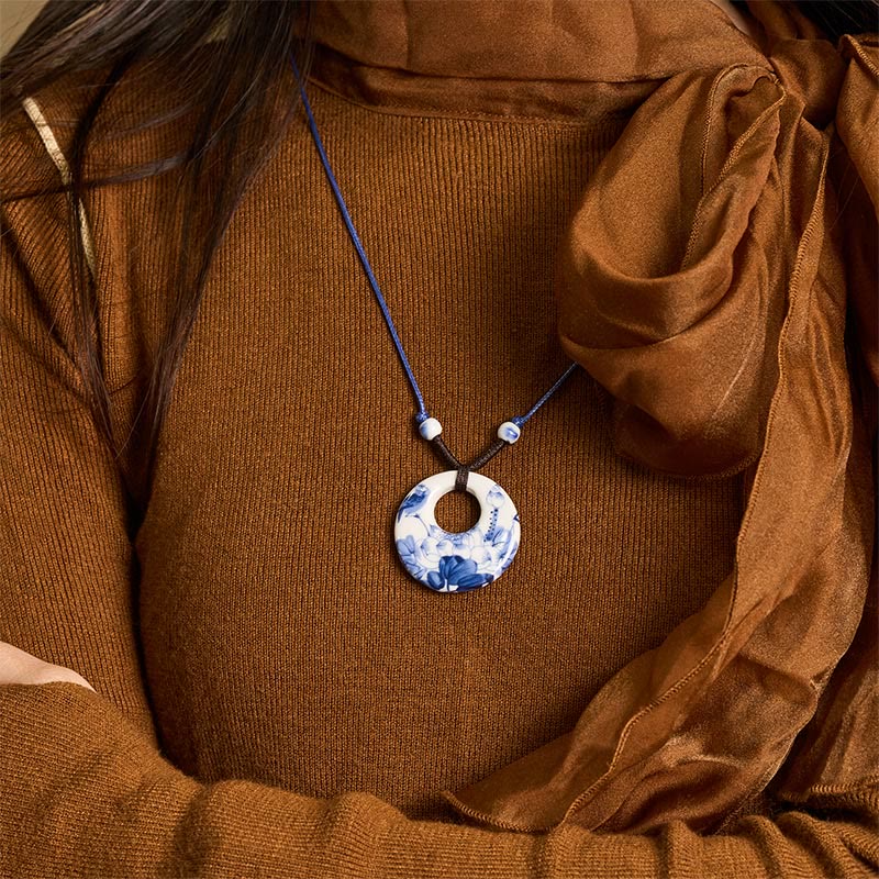 Nimara Ritual Ethnic Peony Peach Blossoms Lotus Symbol Ceramics Necklace Enlightenment Pendant
