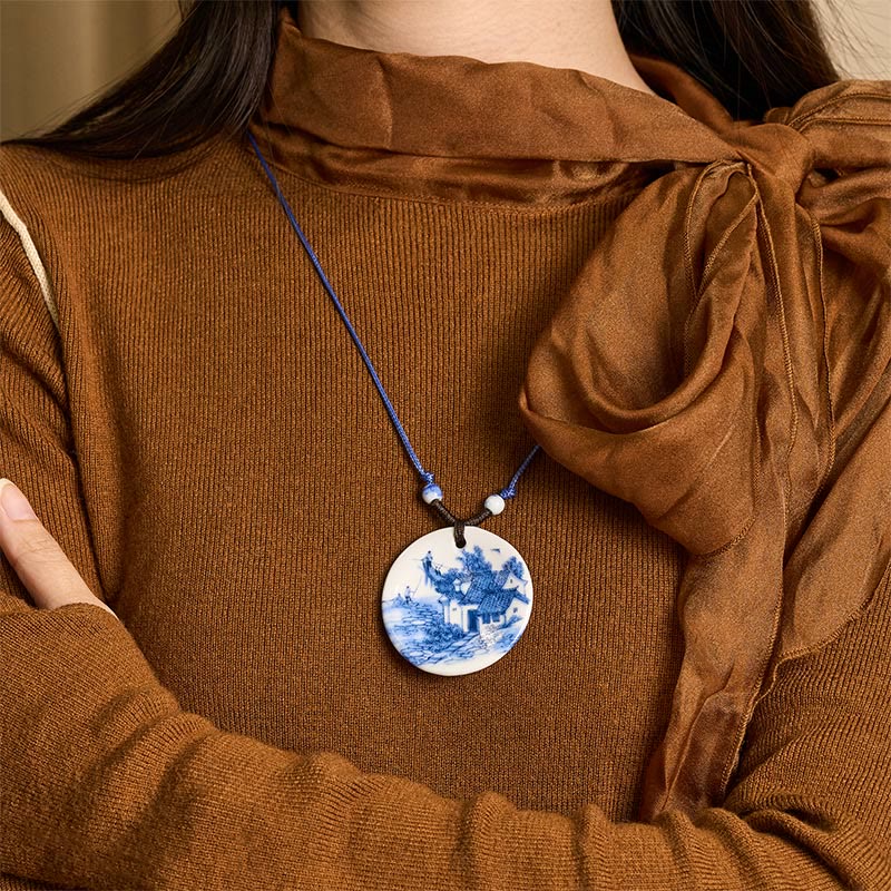 Nimara Ritual Ethnic Peony Peach Blossoms Lotus Symbol Ceramics Necklace Enlightenment Pendant
