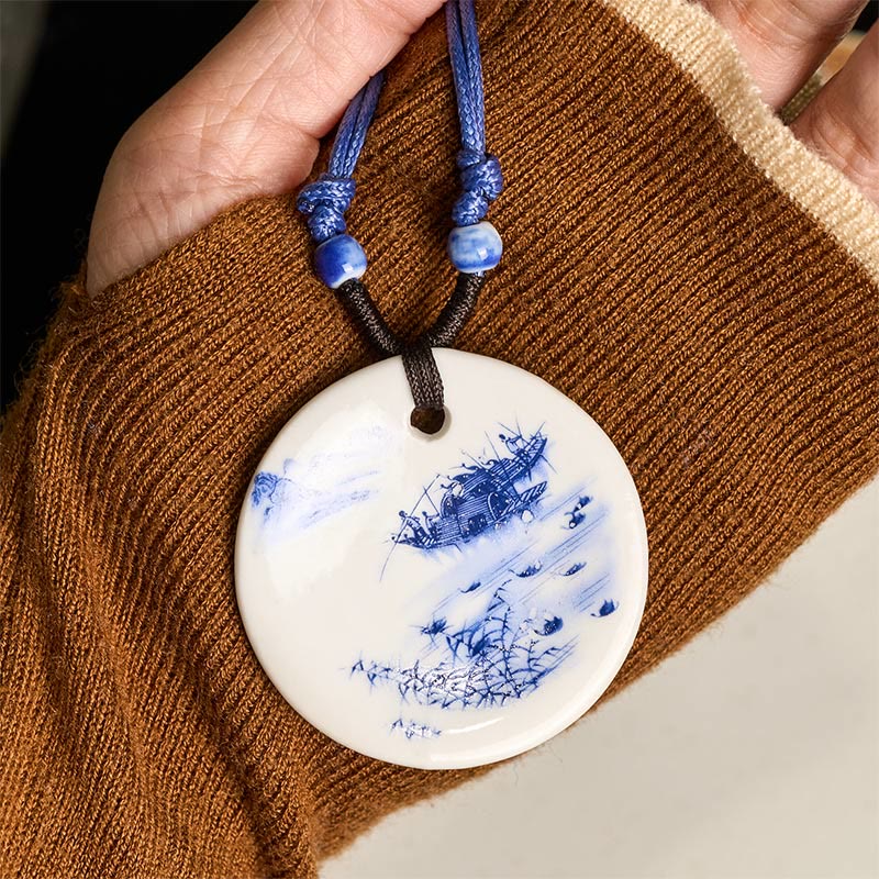 Nimara Ritual Ethnic Peony Peach Blossoms Lotus Symbol Ceramics Necklace Enlightenment Pendant