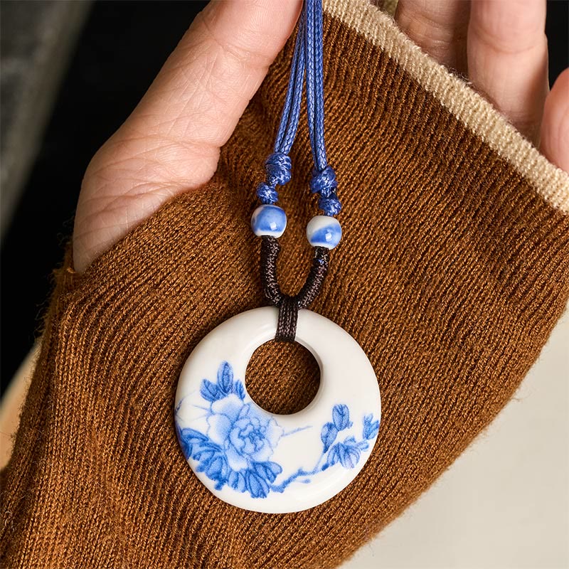 Nimara Ritual Ethnic Peony Peach Blossoms Lotus Symbol Ceramics Necklace Enlightenment Pendant