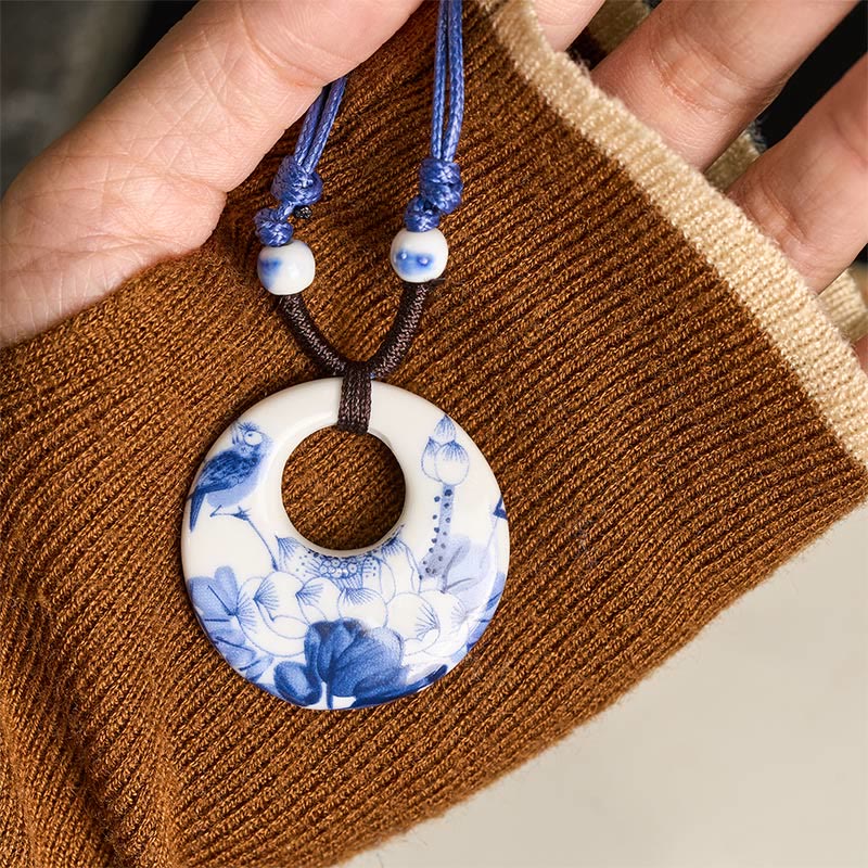 Nimara Ritual Ethnic Peony Peach Blossoms Lotus Symbol Ceramics Necklace Enlightenment Pendant