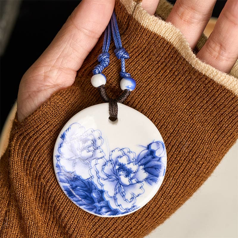 Nimara Ritual Ethnic Peony Peach Blossoms Lotus Symbol Ceramics Necklace Enlightenment Pendant