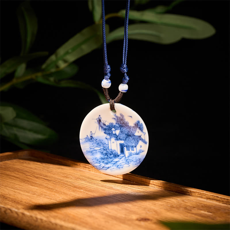Nimara Ritual Ethnic Peony Peach Blossoms Lotus Symbol Ceramics Necklace Enlightenment Pendant