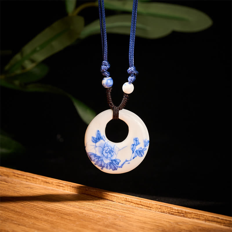 Nimara Ritual Ethnic Peony Peach Blossoms Lotus Symbol Ceramics Necklace Enlightenment Pendant