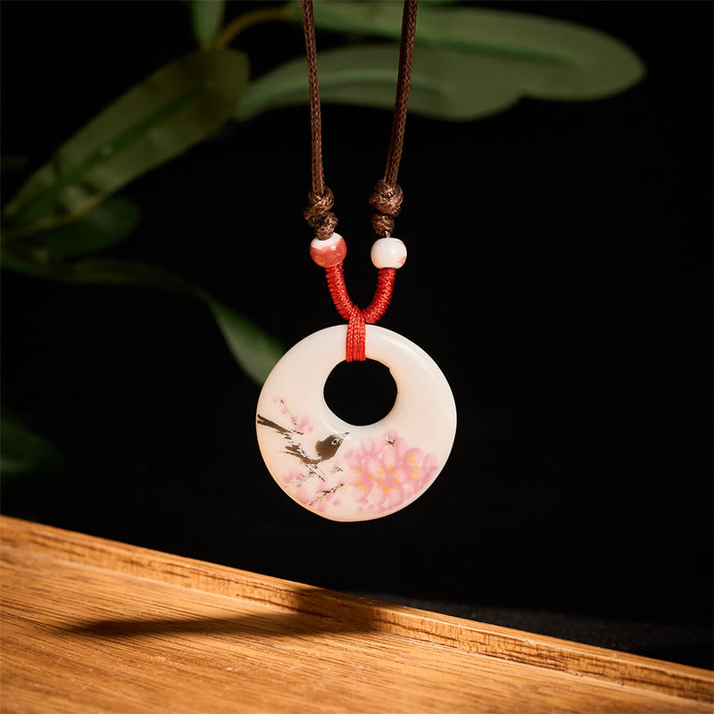 Nimara Ritual Ethnic Peony Peach Blossoms Lotus Symbol Ceramics Necklace Enlightenment Pendant