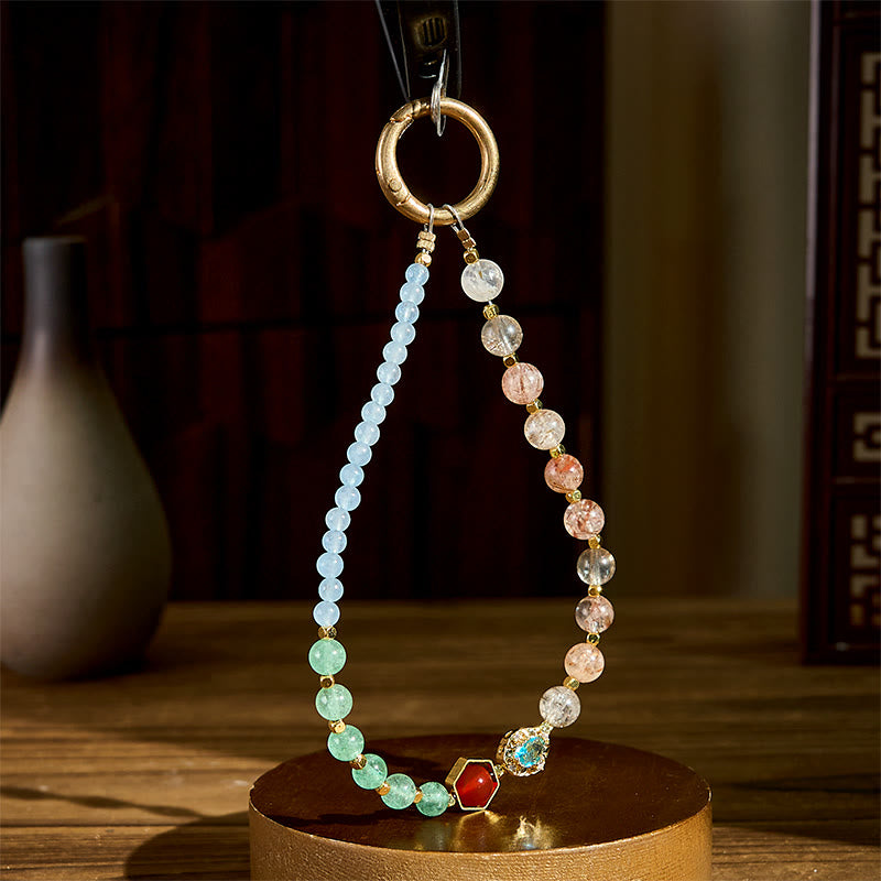 Nimara Ritual Super Seven Crystal Blue Chalcedony Beaded Healing Key Chain Phone Hanging Decoration