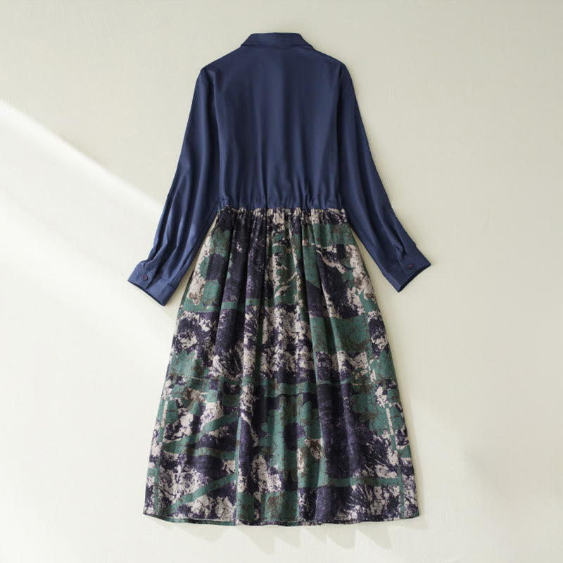 Nimara Ritual Fall Printed Patchwork Design Drawstring Long Sleeve Linen Midi Dress With Pockets