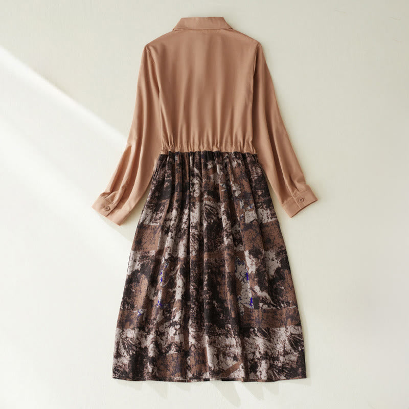 Nimara Ritual Fall Printed Patchwork Design Drawstring Long Sleeve Linen Midi Dress With Pockets