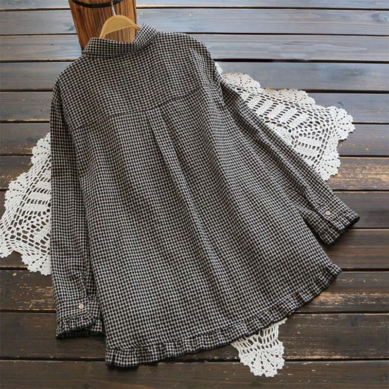 Nimara Ritual Spring Plaid Ruffled Hem Design Long Sleeve Women's Buttons Shirt