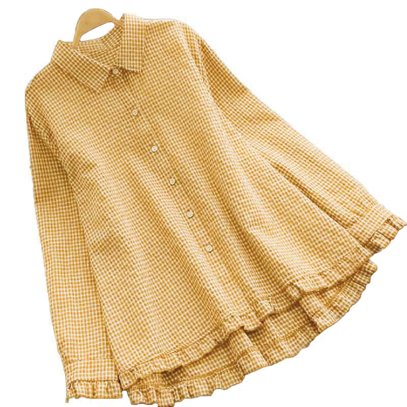 Nimara Ritual Spring Plaid Ruffled Hem Design Long Sleeve Women's Buttons Shirt