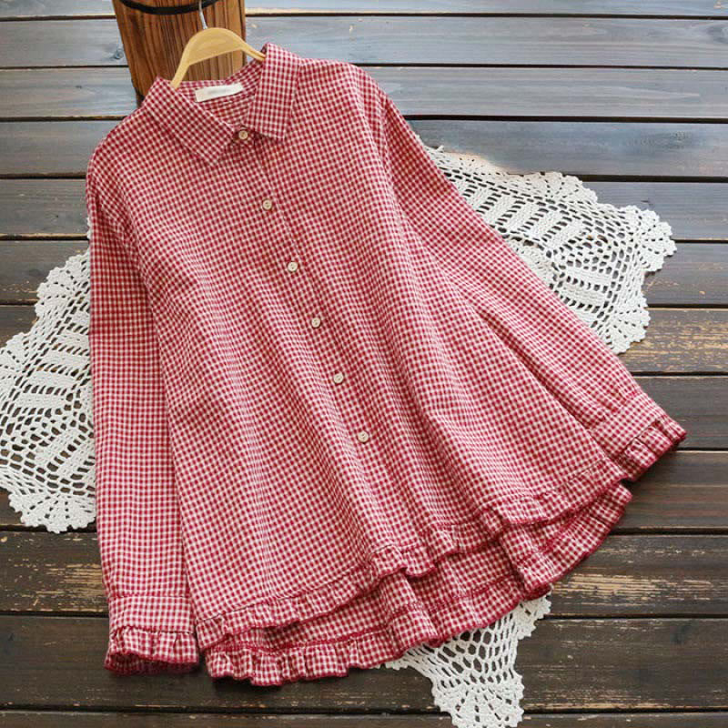 Nimara Ritual Spring Plaid Ruffled Hem Design Long Sleeve Women's Buttons Shirt