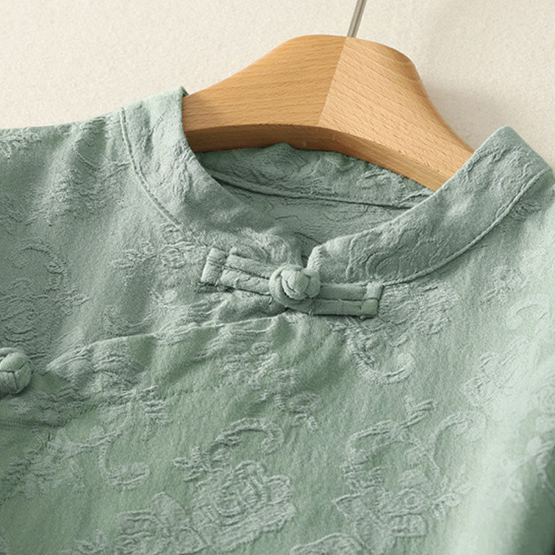 Nimara Ritual Jacquard Diagonal Placket Long Sleeve Women's Cotton Linen Buttons Shirt