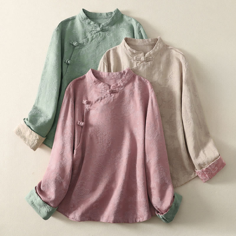 Nimara Ritual Jacquard Diagonal Placket Long Sleeve Women's Cotton Linen Buttons Shirt