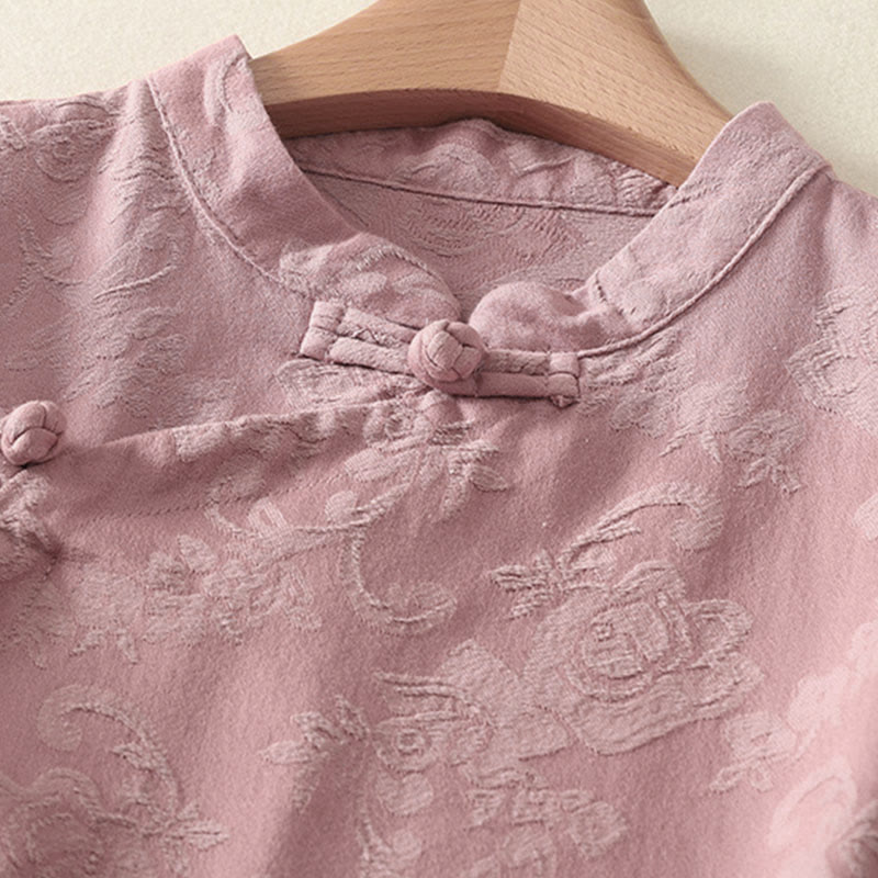 Nimara Ritual Jacquard Diagonal Placket Long Sleeve Women's Cotton Linen Buttons Shirt