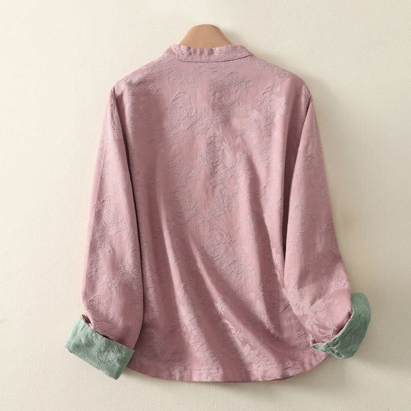 Nimara Ritual Jacquard Diagonal Placket Long Sleeve Women's Cotton Linen Buttons Shirt