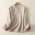 Nimara Ritual Jacquard Diagonal Placket Long Sleeve Women's Cotton Linen Buttons Shirt