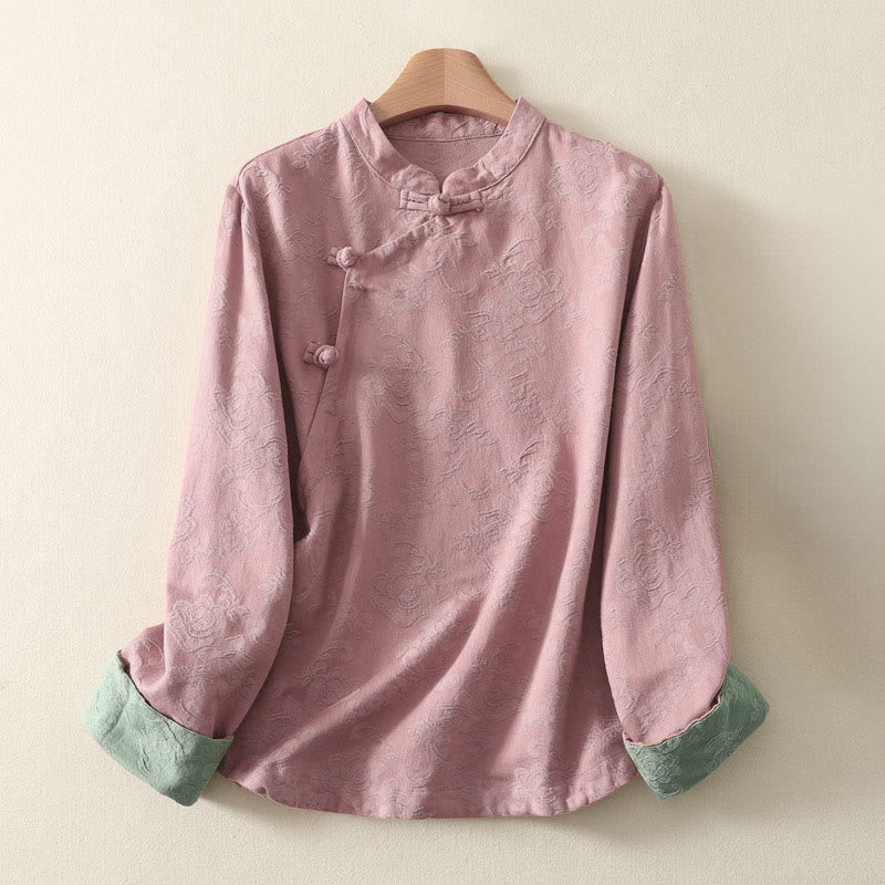 Nimara Ritual Jacquard Diagonal Placket Long Sleeve Women's Cotton Linen Buttons Shirt