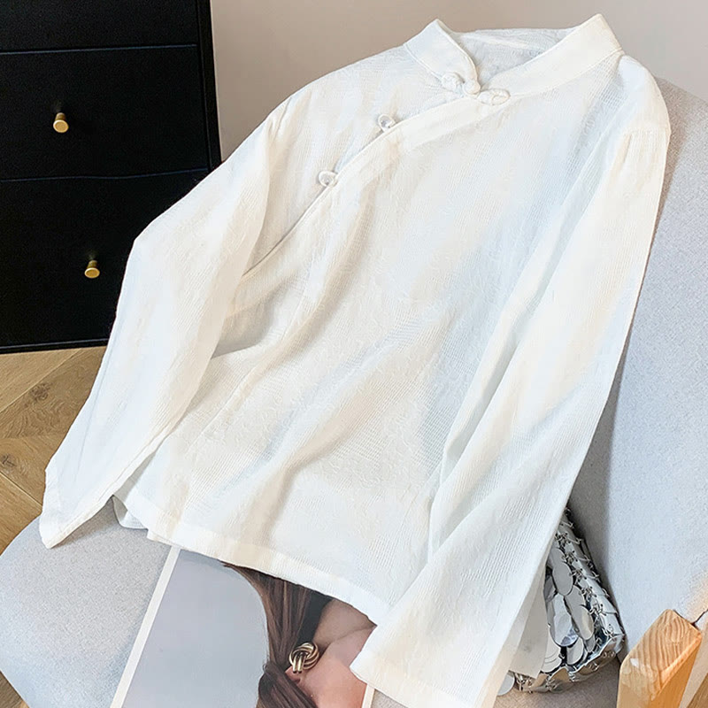 Nimara Ritual Commute Jacquard Chinese Frog-Button Mandarin Collar Long Sleeve Women's Shirt