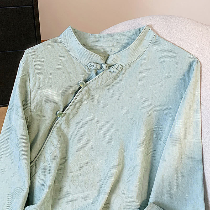 Nimara Ritual Commute Jacquard Chinese Frog-Button Mandarin Collar Long Sleeve Women's Shirt