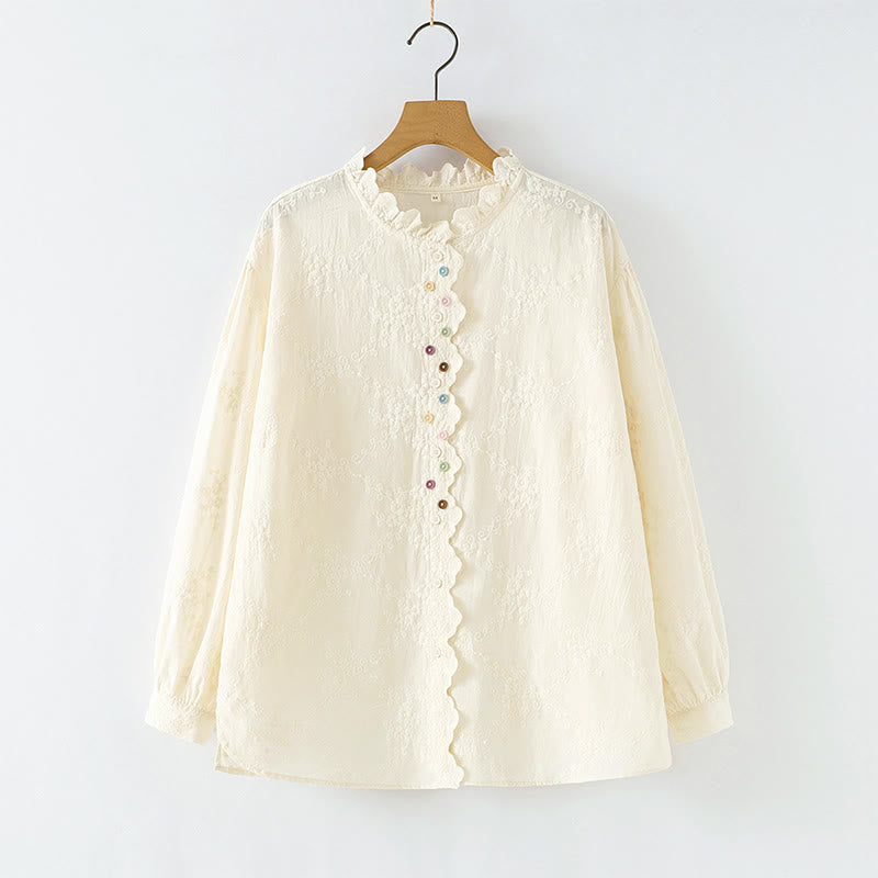 Nimara Ritual Fall Ruffled Collar Embroidered Relief Flower Buttons Women's Cotton Long Sleeve Shirt