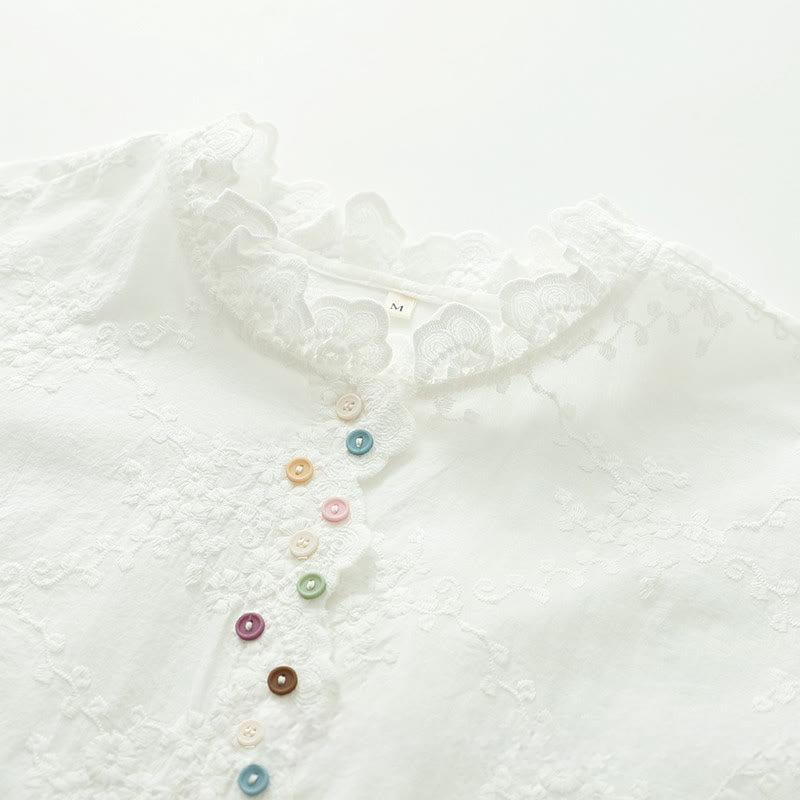 Nimara Ritual Fall Ruffled Collar Embroidered Relief Flower Buttons Women's Cotton Long Sleeve Shirt