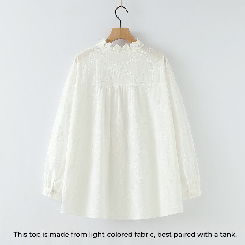 Nimara Ritual Fall Ruffled Collar Embroidered Relief Flower Buttons Women's Cotton Long Sleeve Shirt