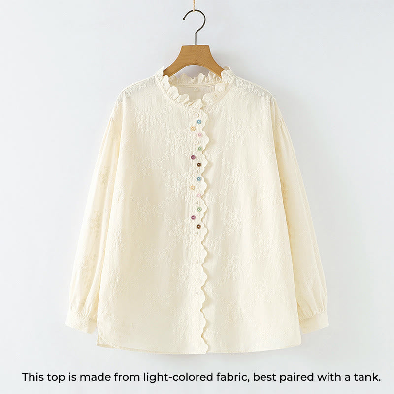 Nimara Ritual Fall Ruffled Collar Embroidered Relief Flower Buttons Women's Cotton Long Sleeve Shirt