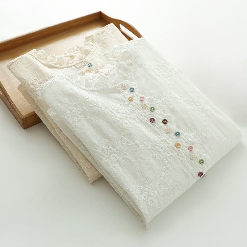 Nimara Ritual Fall Ruffled Collar Embroidered Relief Flower Buttons Women's Cotton Long Sleeve Shirt