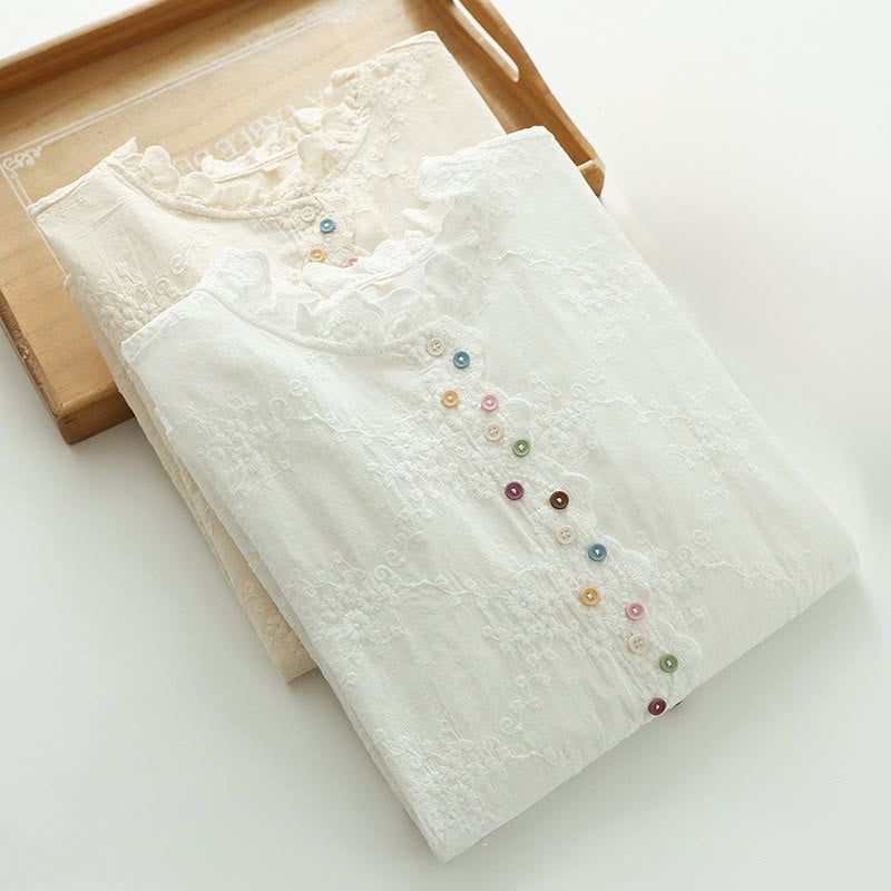 Nimara Ritual Fall Ruffled Collar Embroidered Relief Flower Buttons Women's Cotton Long Sleeve Shirt
