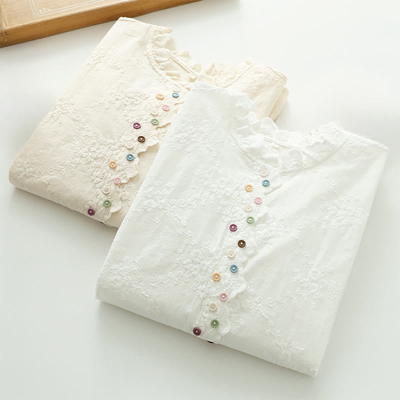 Nimara Ritual Fall Ruffled Collar Embroidered Relief Flower Buttons Women's Cotton Long Sleeve Shirt