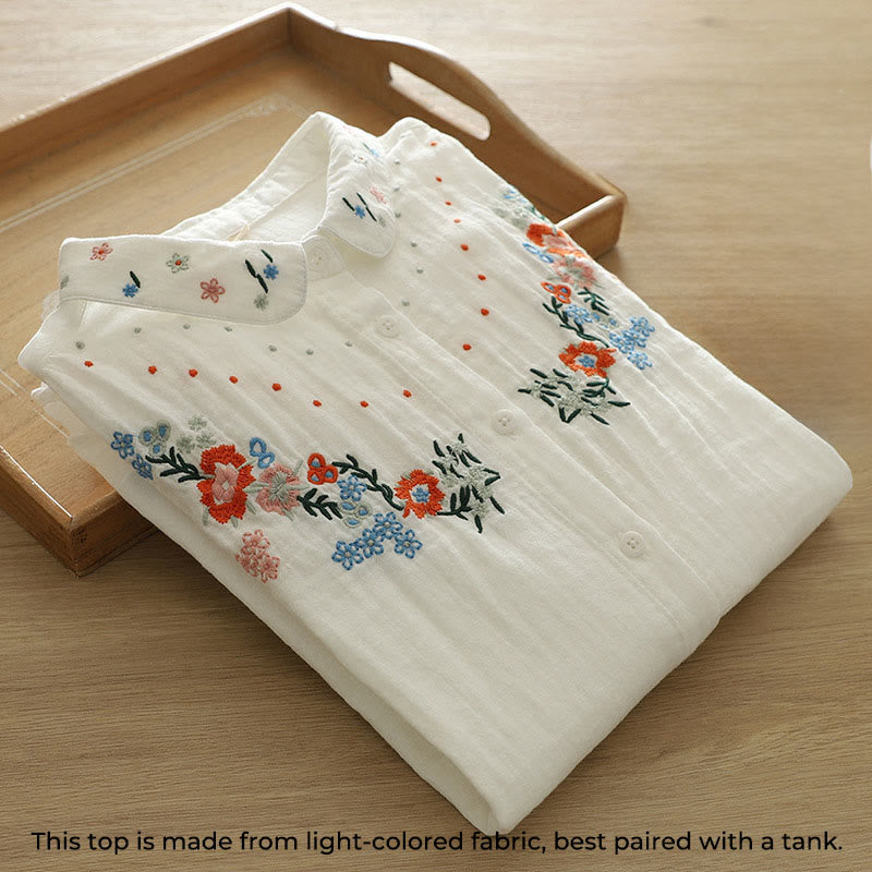 Nimara Ritual Fall White Colorful Floral Embroidery Buttons Women's Cotton Long Sleeve Shirt