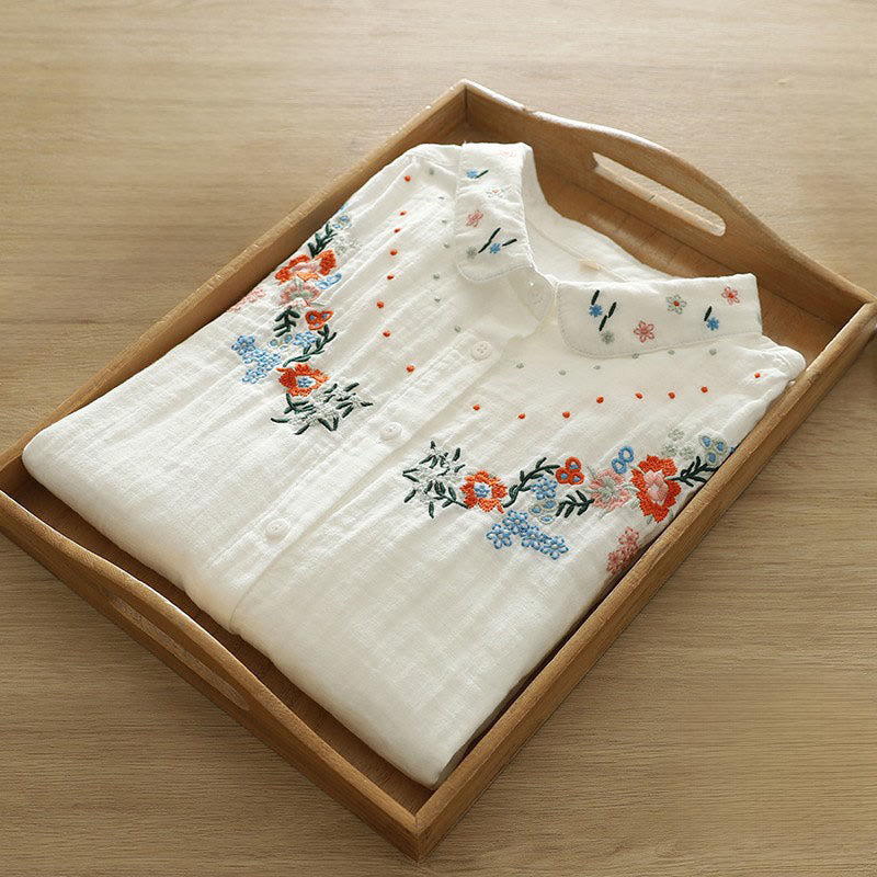 Nimara Ritual Fall White Colorful Floral Embroidery Buttons Women's Cotton Long Sleeve Shirt