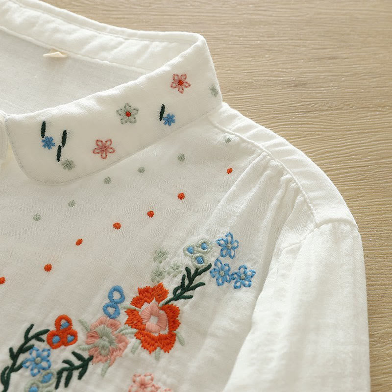 Nimara Ritual Fall White Colorful Floral Embroidery Buttons Women's Cotton Long Sleeve Shirt