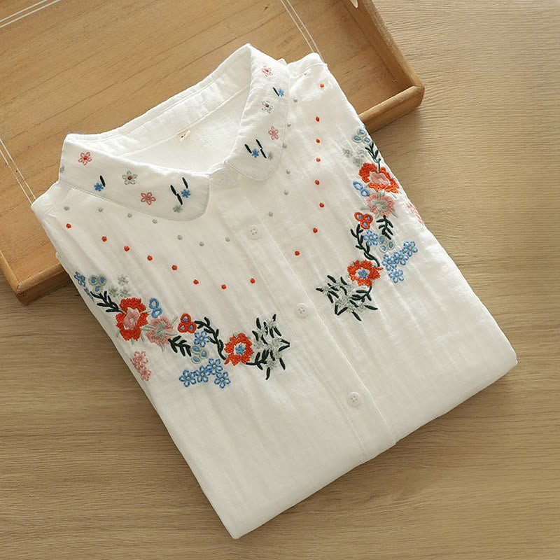 Nimara Ritual Fall White Colorful Floral Embroidery Buttons Women's Cotton Long Sleeve Shirt