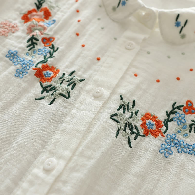 Nimara Ritual Fall White Colorful Floral Embroidery Buttons Women's Cotton Long Sleeve Shirt
