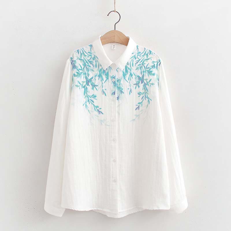 Nimara Ritual Fall White Green Grass Buttons Women's Cotton Long Sleeve Shirt