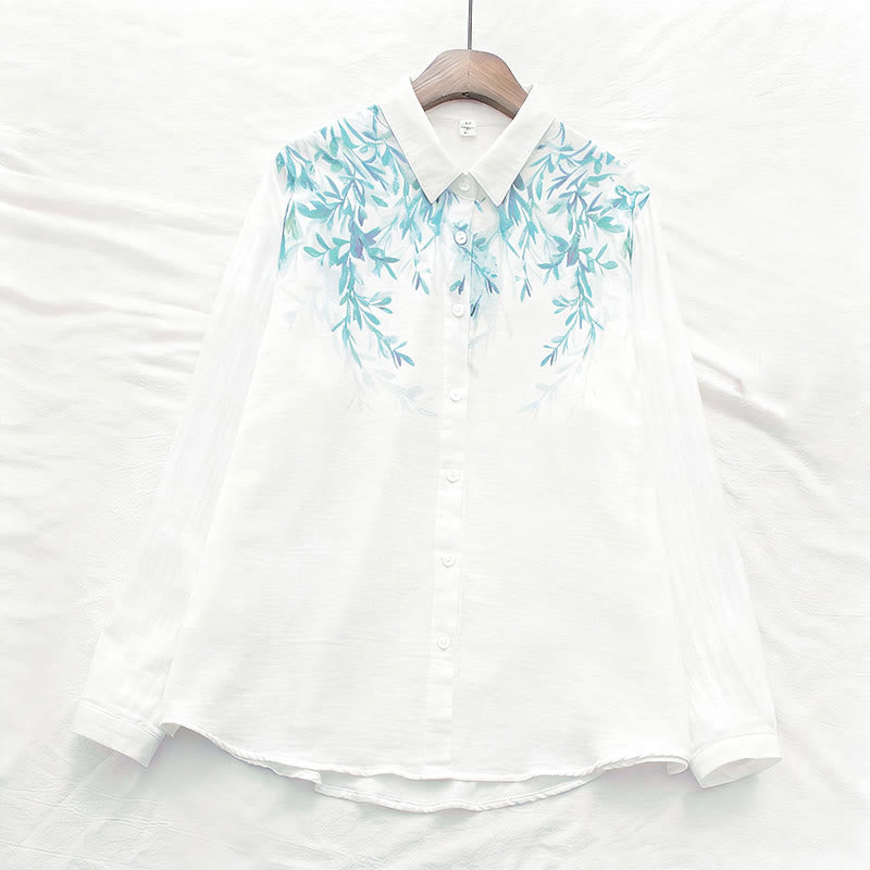 Nimara Ritual Fall White Green Grass Buttons Women's Cotton Long Sleeve Shirt