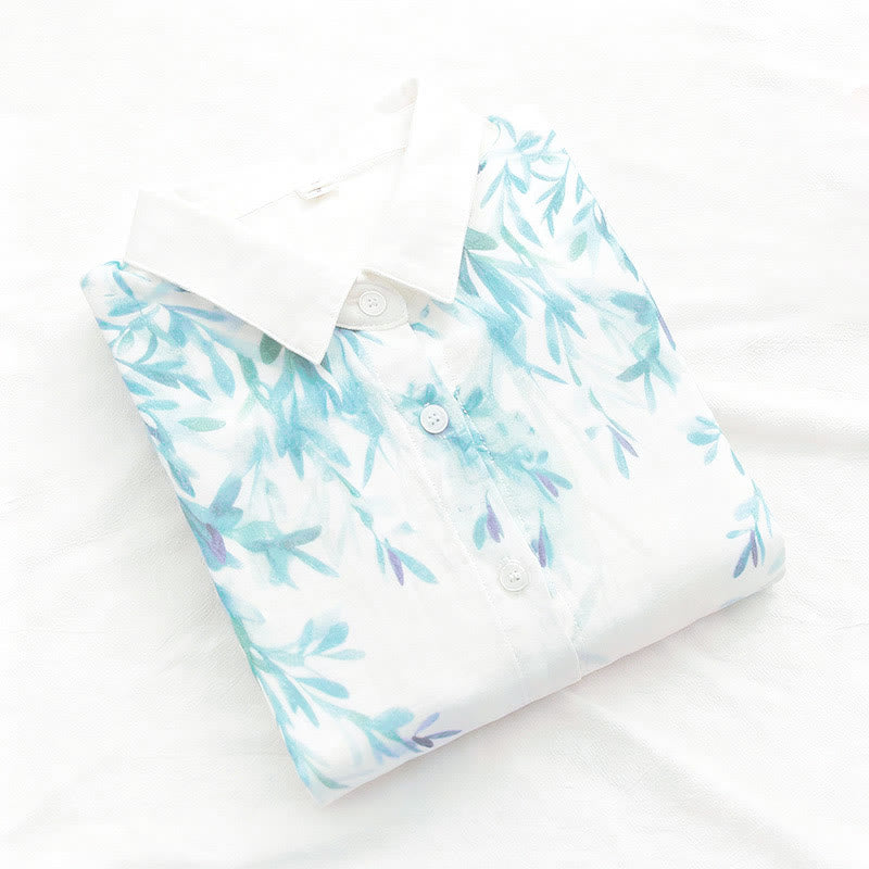 Nimara Ritual Fall White Green Grass Buttons Women's Cotton Long Sleeve Shirt