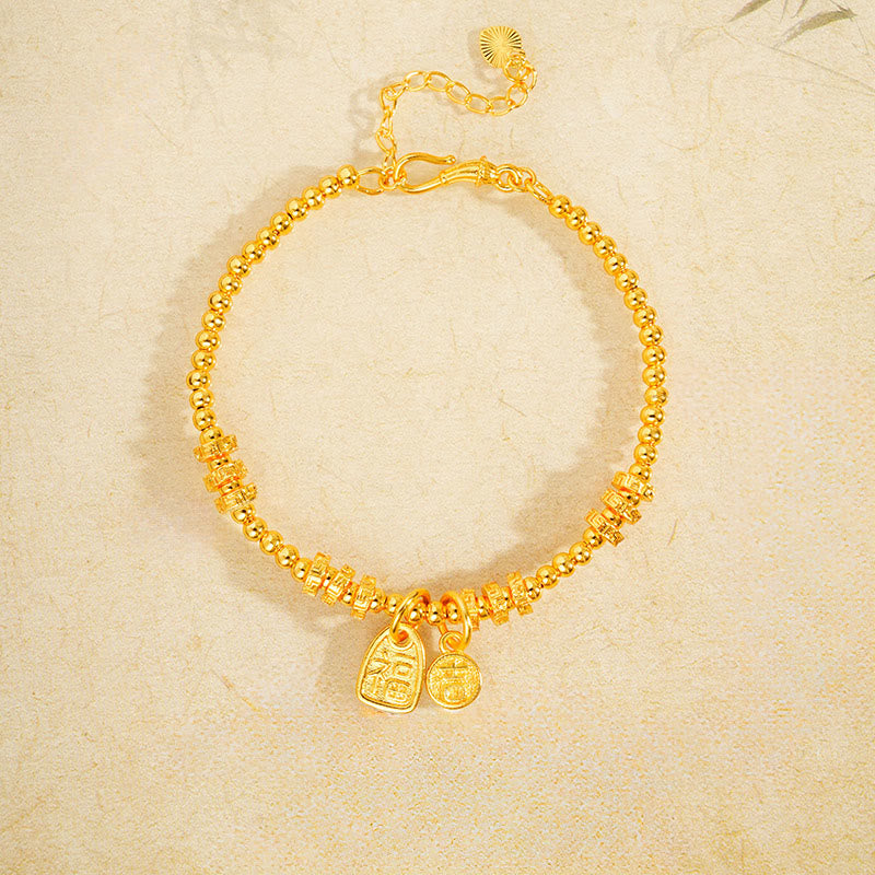 Nimara Ritual 24k Gold Plated Brass Fu Character Lucky Charm Blessing Bracelet