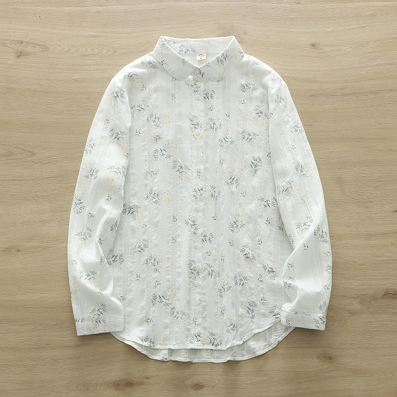 Nimara Ritual Fall White Yellow Flowers Green Leaves Buttons Women's Cotton Long Sleeve Shirt