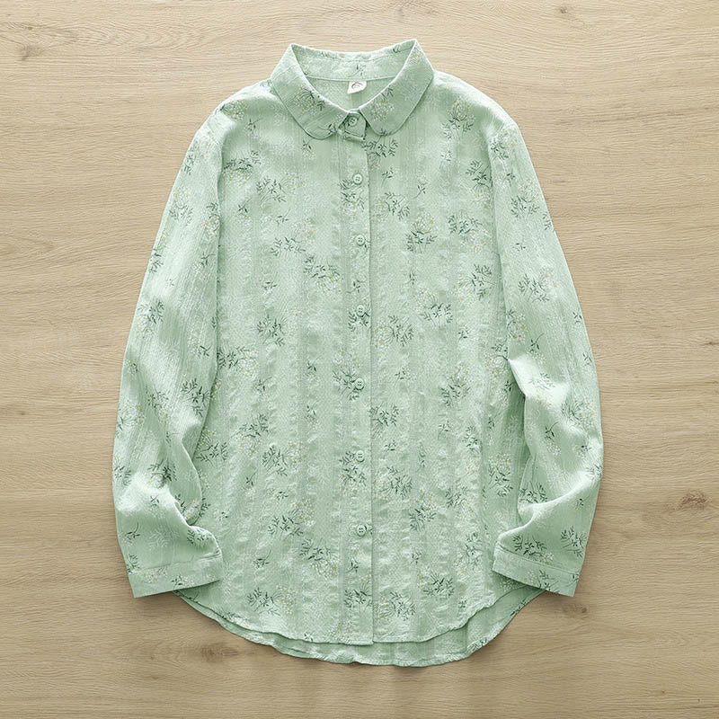 Nimara Ritual Fall White Yellow Flowers Green Leaves Buttons Women's Cotton Long Sleeve Shirt