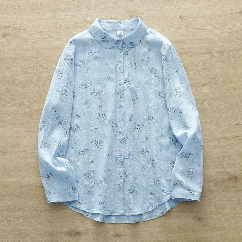 Nimara Ritual Fall White Yellow Flowers Green Leaves Buttons Women's Cotton Long Sleeve Shirt