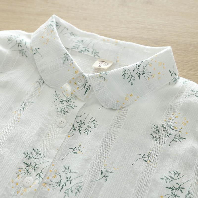 Nimara Ritual Fall White Yellow Flowers Green Leaves Buttons Women's Cotton Long Sleeve Shirt