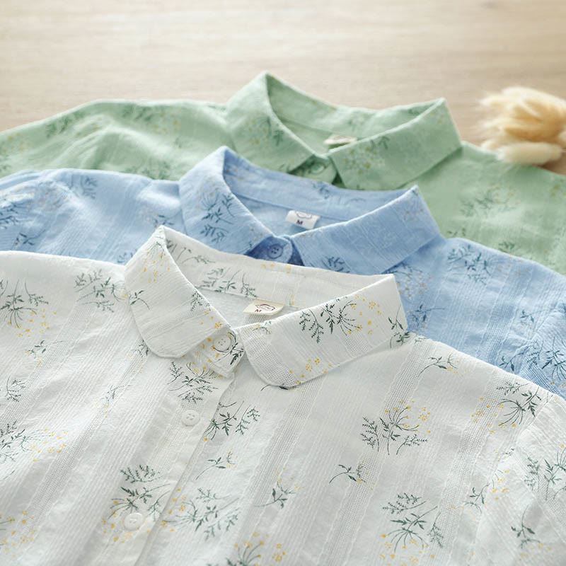 Nimara Ritual Fall White Yellow Flowers Green Leaves Buttons Women's Cotton Long Sleeve Shirt