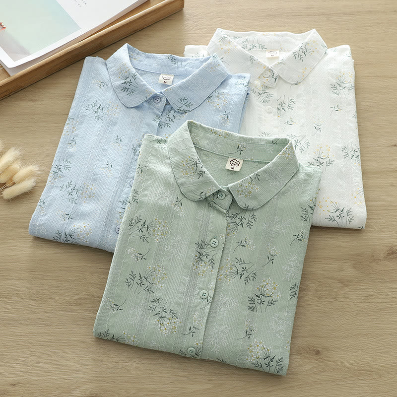 Nimara Ritual Fall White Yellow Flowers Green Leaves Buttons Women's Cotton Long Sleeve Shirt