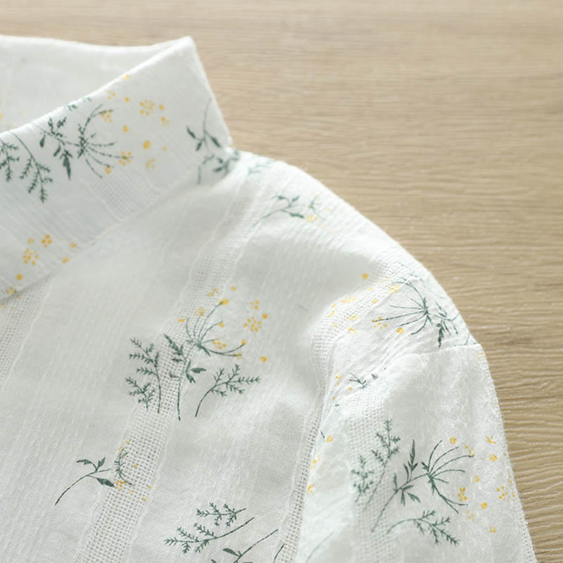 Nimara Ritual Fall White Yellow Flowers Green Leaves Buttons Women's Cotton Long Sleeve Shirt