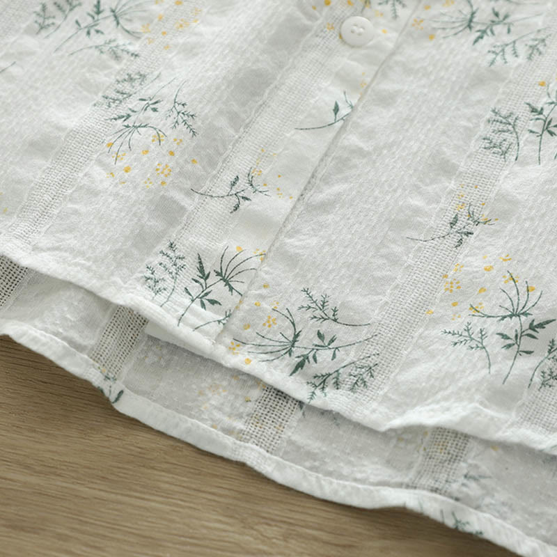 Nimara Ritual Fall White Yellow Flowers Green Leaves Buttons Women's Cotton Long Sleeve Shirt