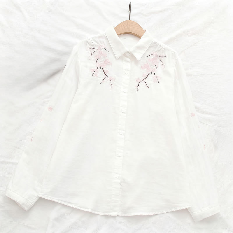 Nimara Ritual Fall Pink Plum Blossoms Embroidery Buttons Women's Cotton Long Sleeve Shirt