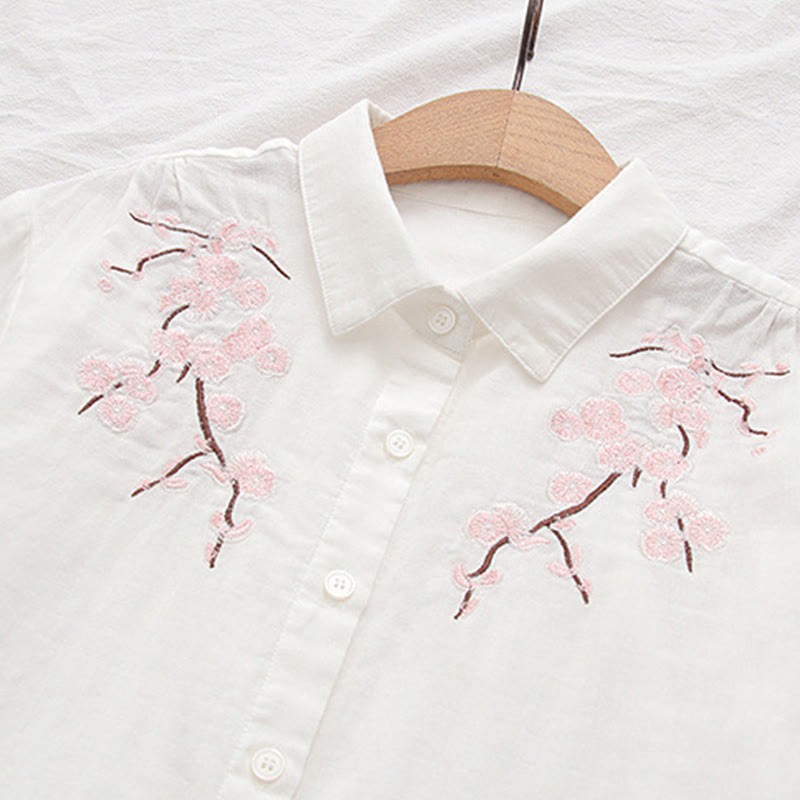 Nimara Ritual Fall Pink Plum Blossoms Embroidery Buttons Women's Cotton Long Sleeve Shirt